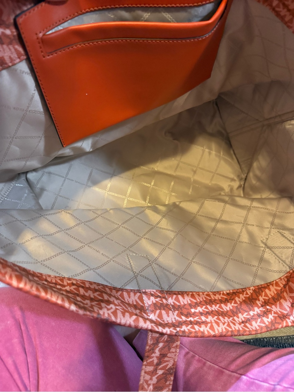 Michael Kors Coral-Red MK Logo Tote with Gold Accent - Picture 9 of 16